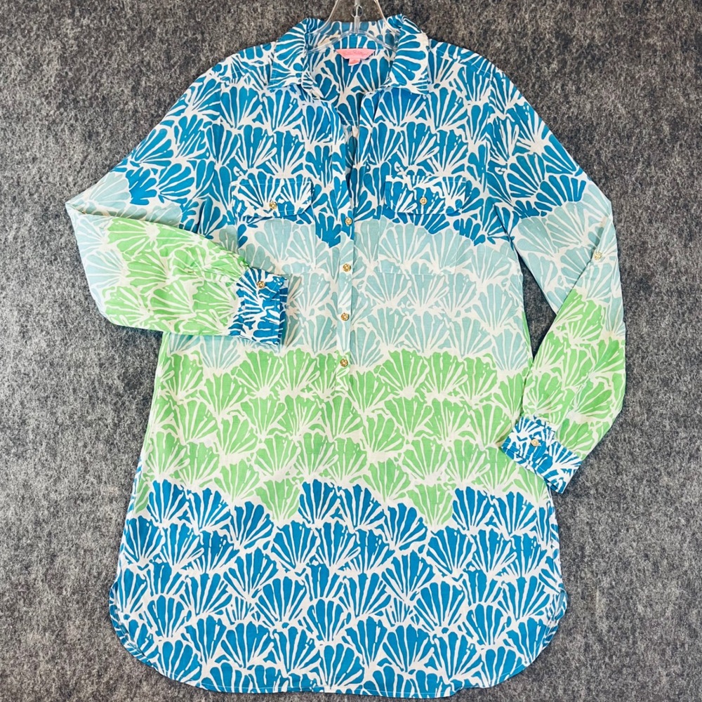 Lilly Pulitzer Captiva Tunic Dress Womens‎ S Blue Green Shell Print Cotton Shirt